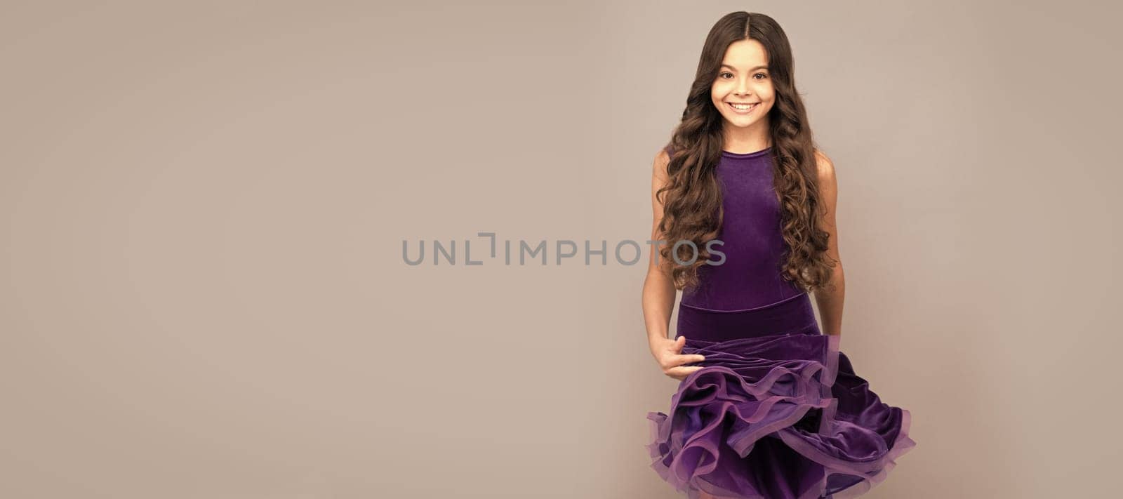 beauty and fashion. childhood. dancewear fashion clothes. happy teen girl junior ballroom dancer. Child face, horizontal poster, teenager girl isolated portrait, banner with copy space. by RedFoxStudio