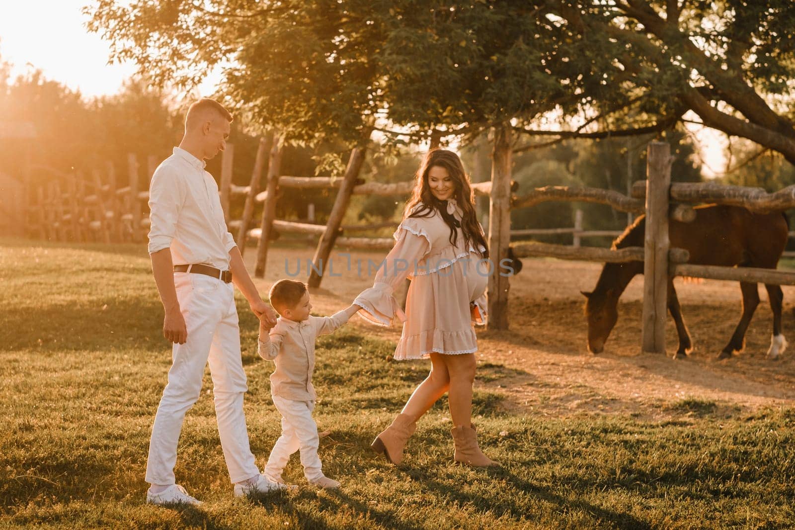 A stylish family in the countryside at sunset. A pregnant woman with her husband and son in nature by Lobachad