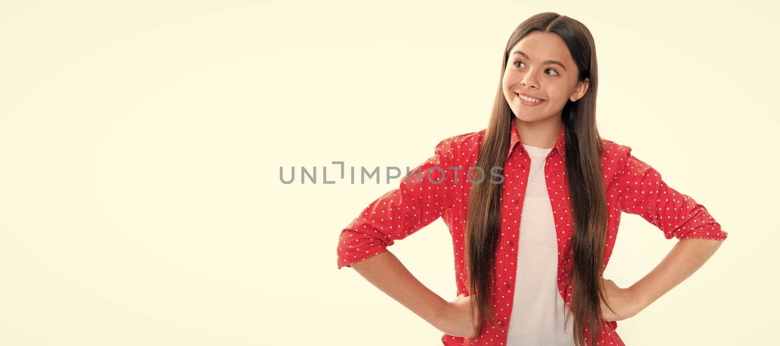 Portrait of happy smiling teenage child girl. Pretty teenage girl in white studio background. Child girl portrait. Child face, horizontal poster, teenager girl isolated portrait, banner with copy space. by RedFoxStudio