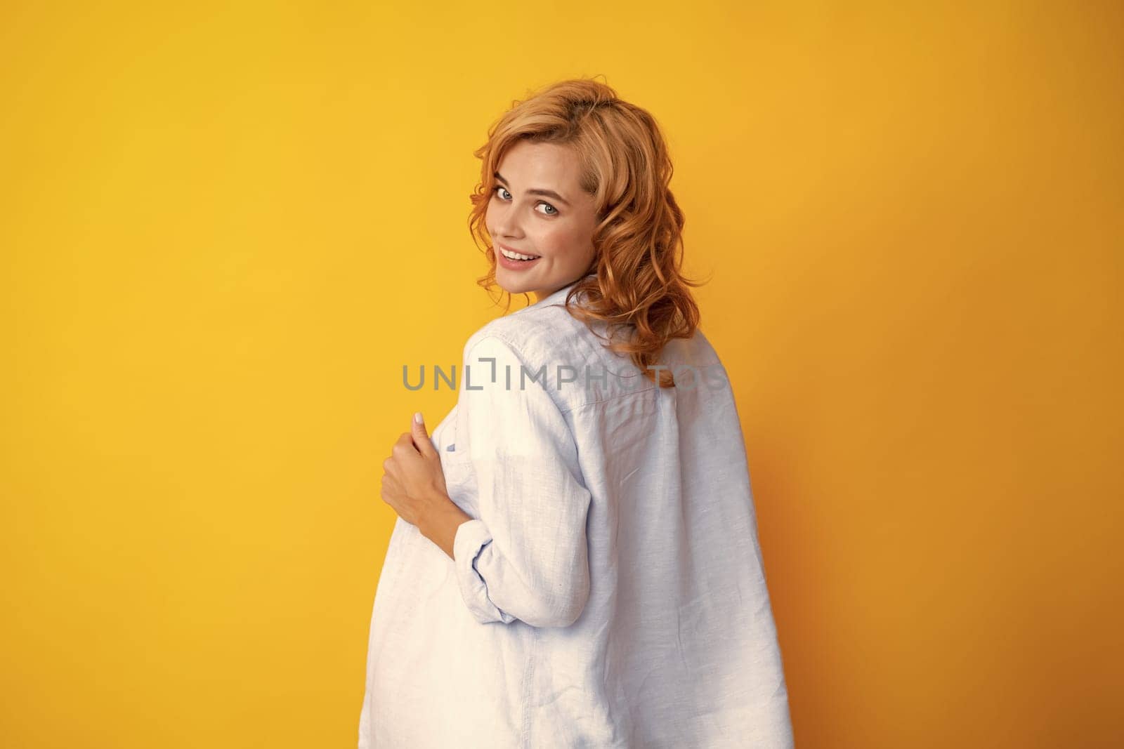 Happy smiling woman portrait. Attractive young pretty cheerful girl in casual clothing feeling happy and carefree, isolated background. Female student, young teacher. by RedFoxStudio