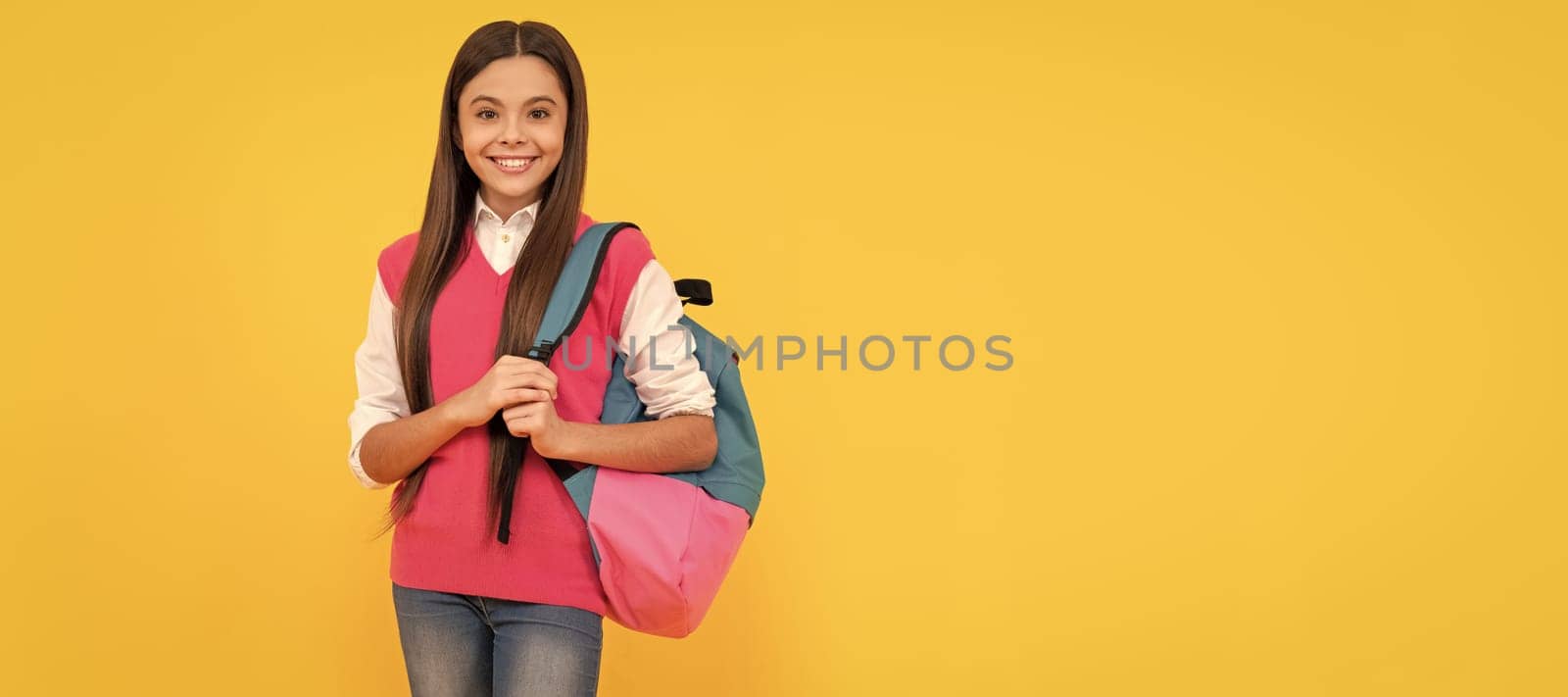 1 of september. childhood happiness. back to school. cheerful kid with school bag. Banner of school girl student. Schoolgirl pupil portrait with copy space. by RedFoxStudio