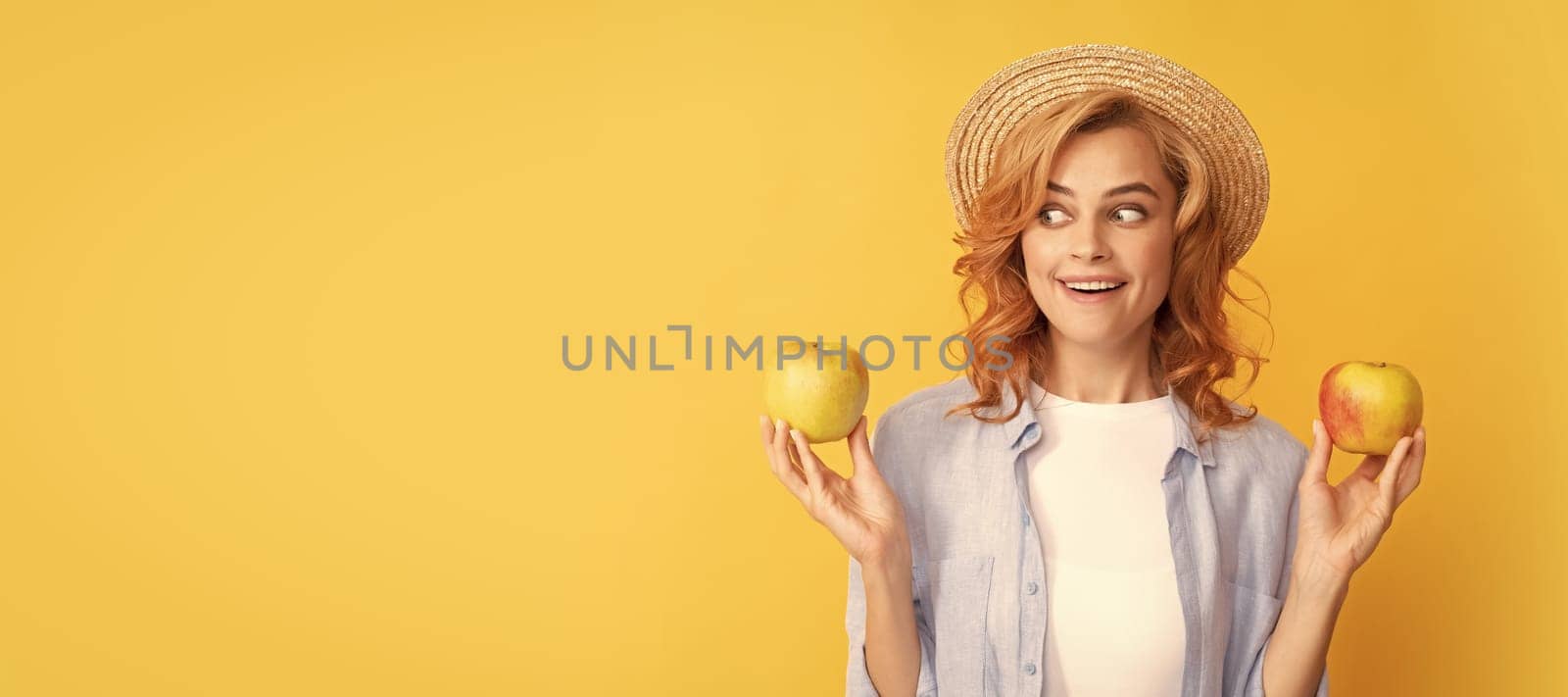 Woman isolated face portrait, banner with mock up copy space. natural organic fresh apple. healthy life. diet and skin beauty. dental care. lunch break. Summer female model with apple. by RedFoxStudio