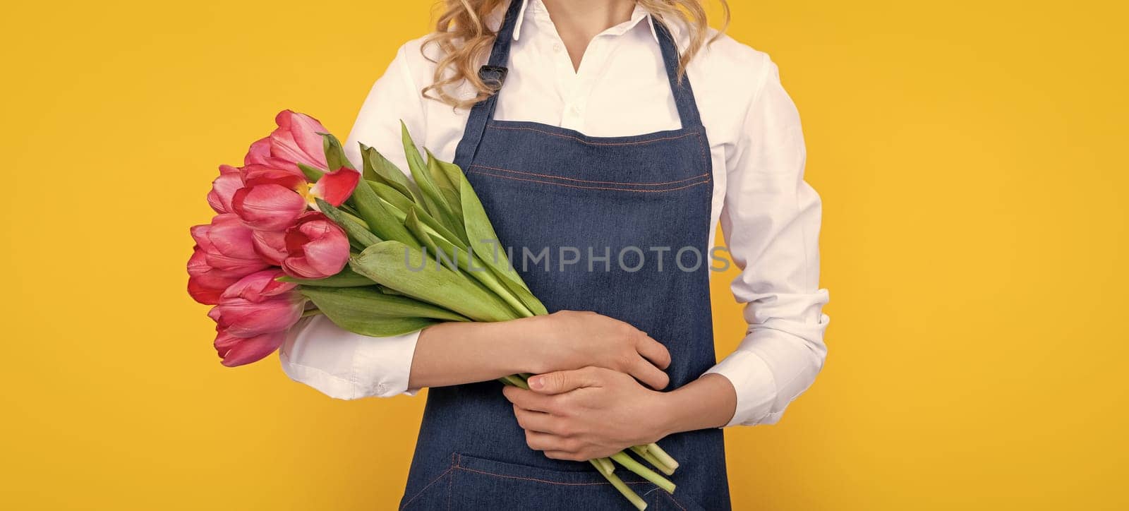 cheerful flower seller woman in apron with spring tulip flowers on yellow background by RedFoxStudio