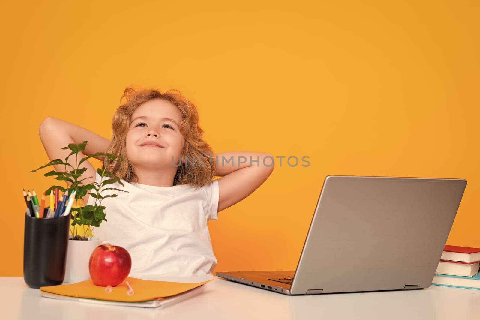 School child using laptop computer. School kid student learning, study language or literature at school. Elementary school child. Portrait of nerd pupil studying. by RedFoxStudio