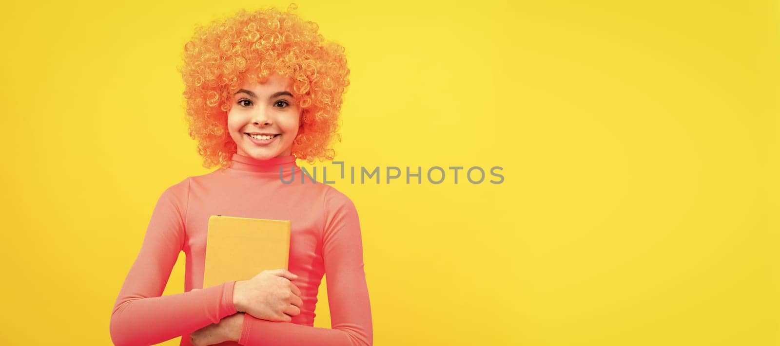 Enjoying school life. Happy girl smile holding book. Back to school. Literacy education. Funny teenager child on party, poster banner header with copy space