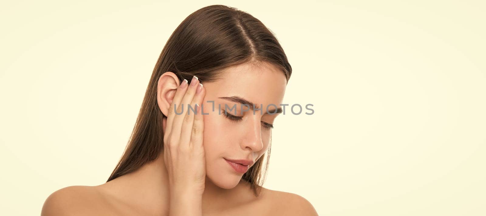 Woman beauty face, close up portrait, isolated banner with copy space. smooth and soft female skin. woman touch smooth face. young girl with bare shoulders. by RedFoxStudio