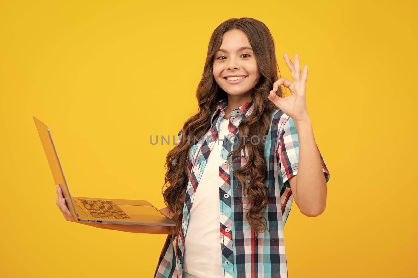 School student using laptop. E-learning and online education. Teen girl on internet video chat isolated on isoalted studio background. by RedFoxStudio