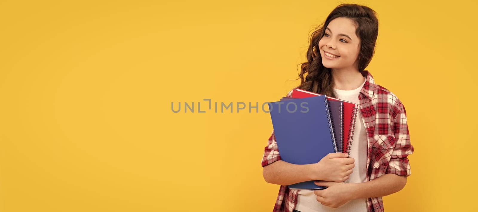 schoolgirl with notebook. back to school. teen girl ready to study. Banner of schoolgirl student. School child pupil portrait with copy space