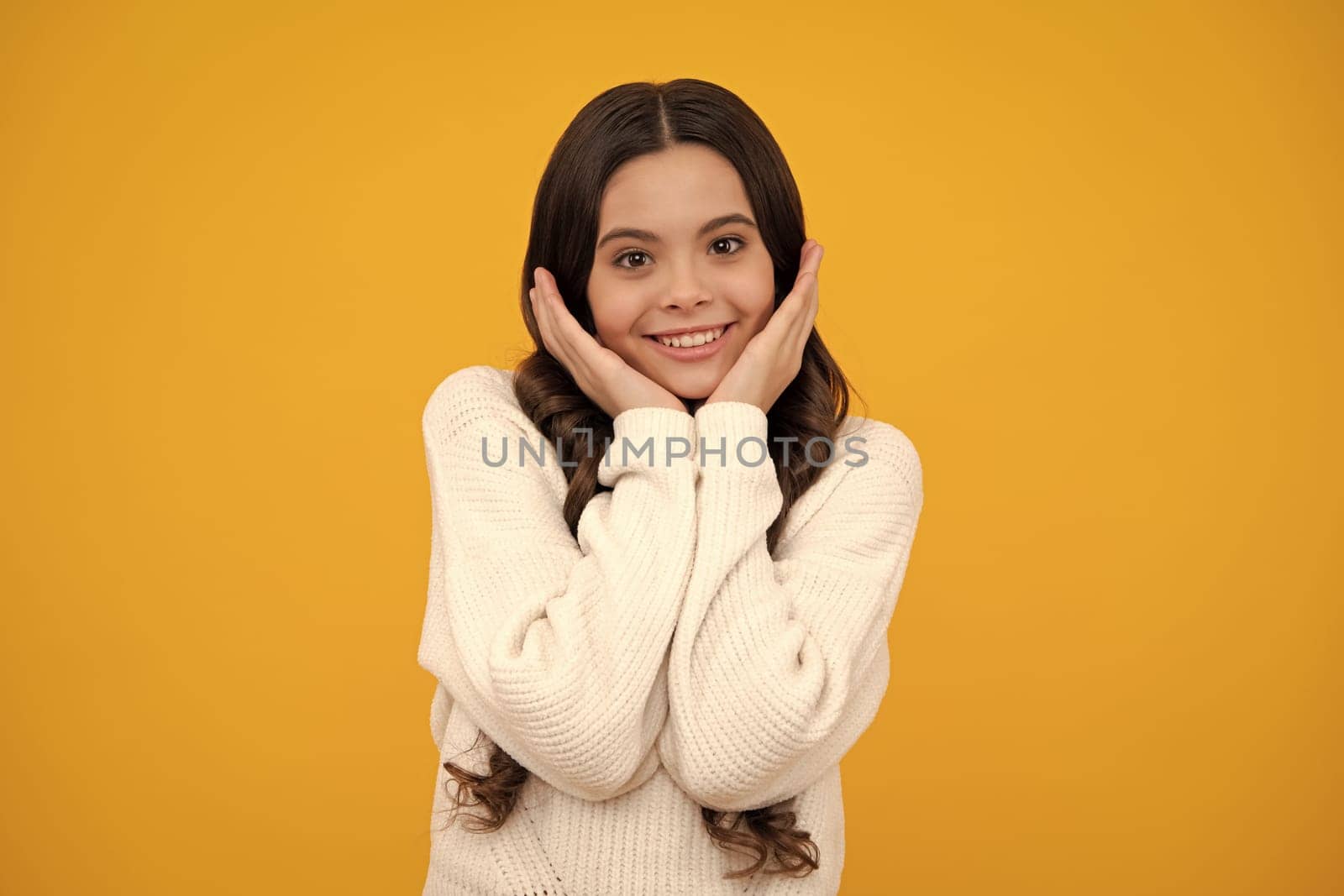 Happy face, positive and smiling emotions of teenager girl. Beautiful teen girl student. Portrait of teenager school girl on isolated background. Clever schoolgirl, nerd smart child. by RedFoxStudio