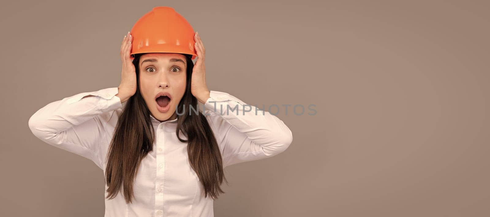 Woman isolated face portrait, banner with mock up copy space. safety business. labor day. shocked woman worker in shirt. quality inspector. by RedFoxStudio