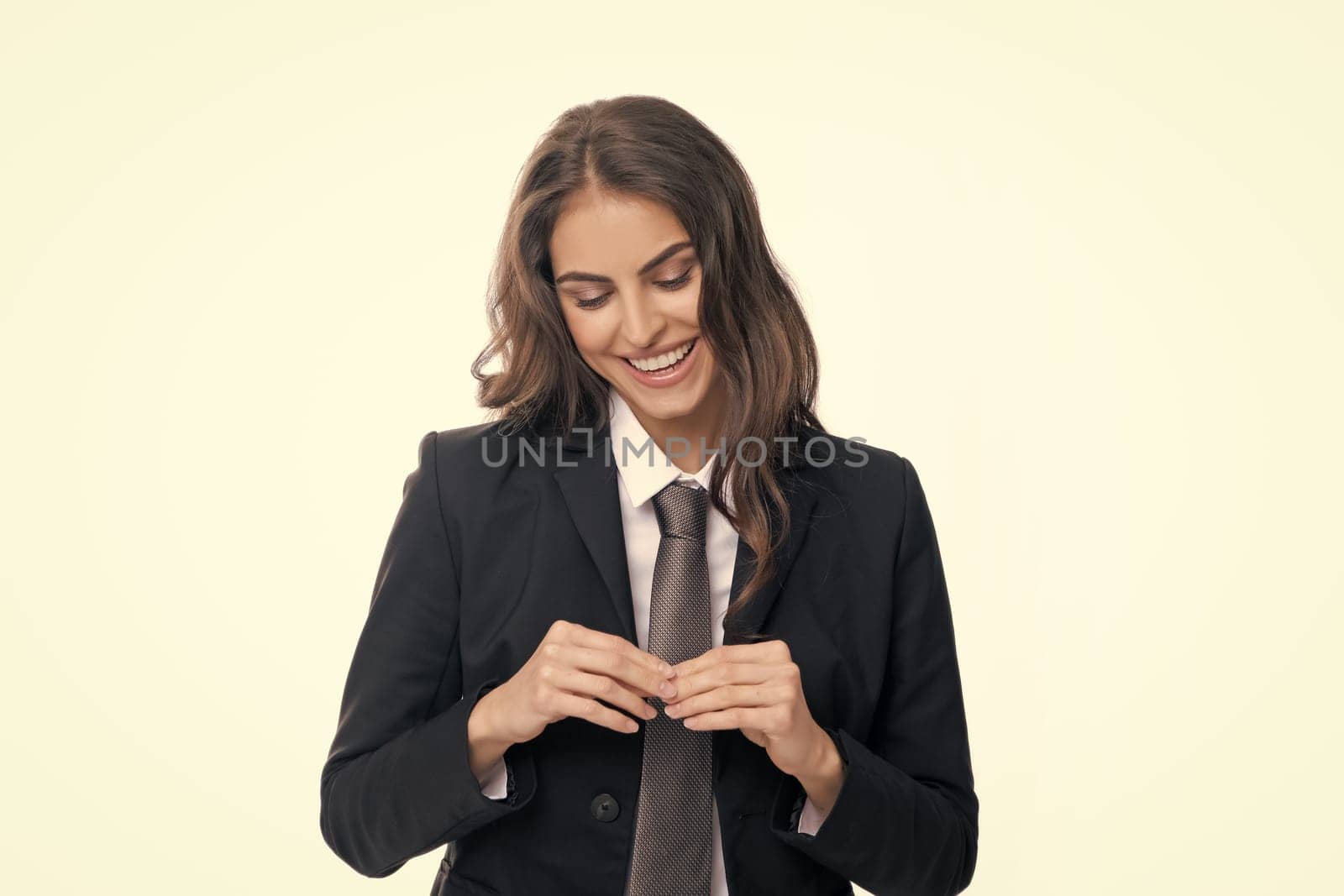 Happy smiling woman portrait. Attractive young pretty cheerful girl in casual clothing feeling happy and carefree, isolated background. Female business model face. by RedFoxStudio