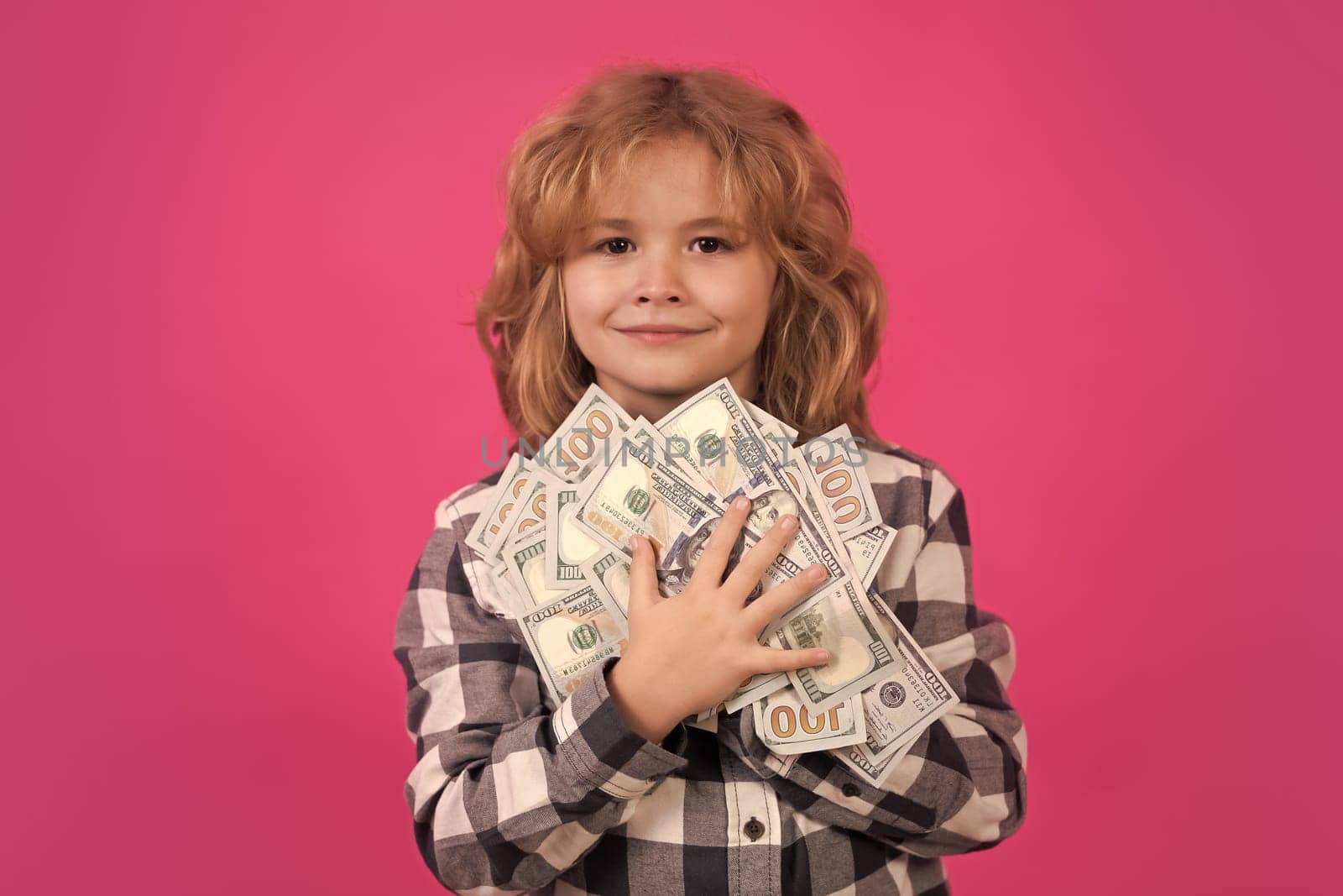 Rich child with dollars. Lottery cashback, win big money isolated pink red background. by RedFoxStudio