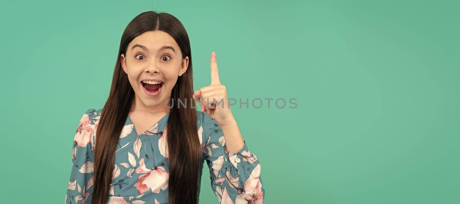 Aha. Happy kid got idea blue background. Eureka moment. Girl genius point finger up. Eureka. Child face, horizontal poster, teenager girl isolated portrait, banner with copy space. by RedFoxStudio