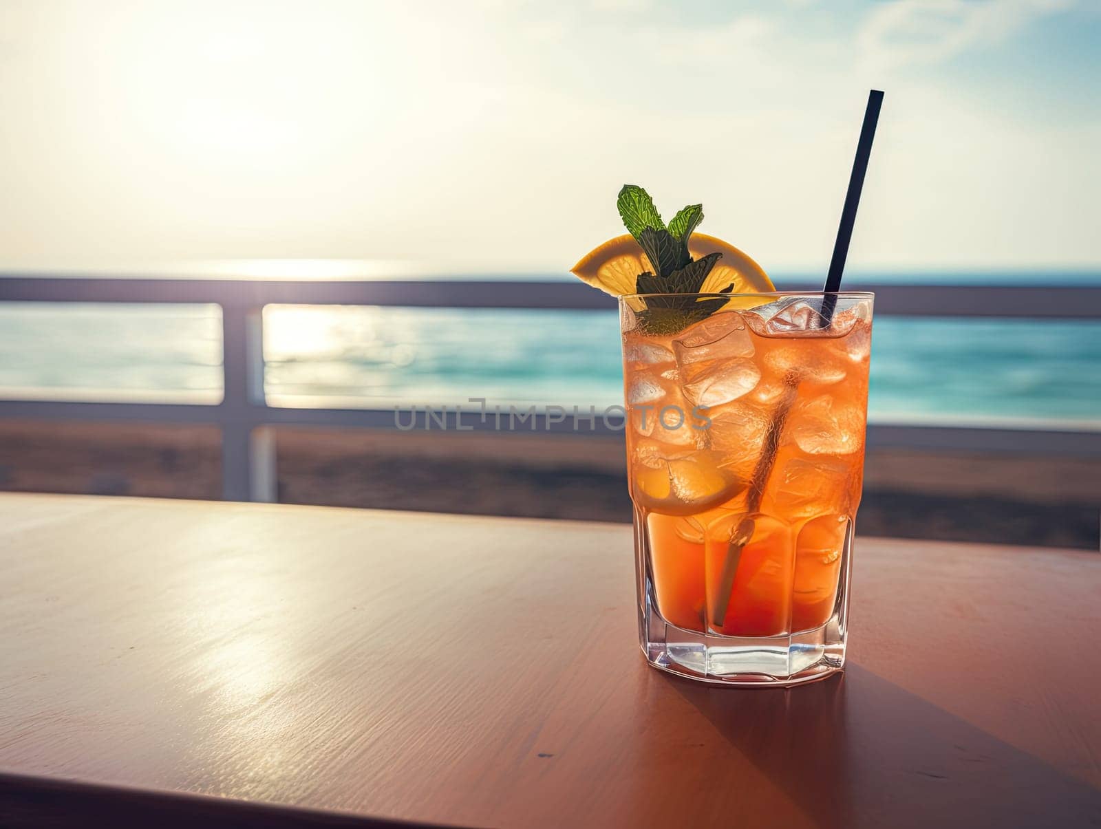 Italian spritz cocktail drink standing on a sunlit bar deck with sea view. Generative AI.