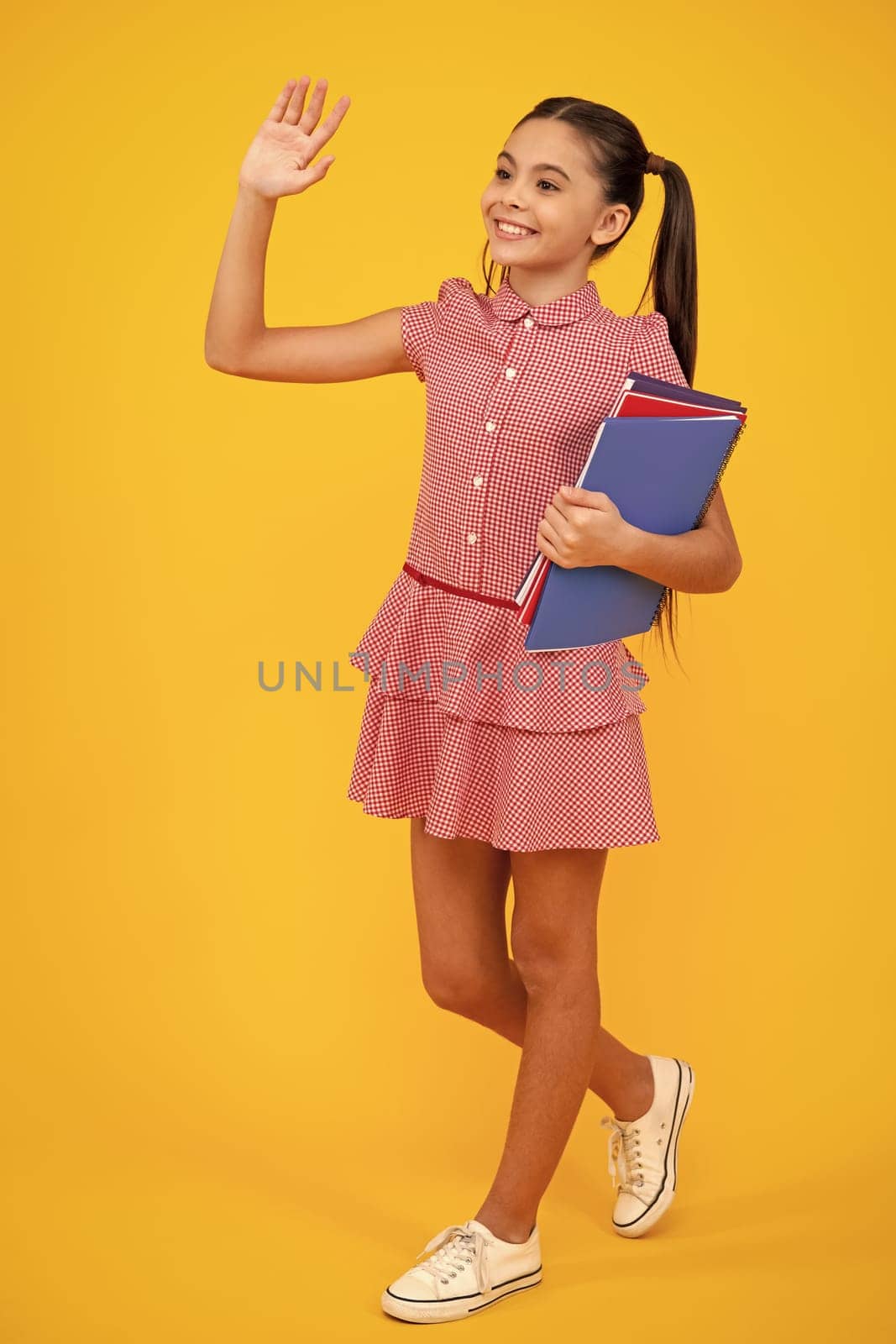 Teenager school girl with books isolated studio background. Happy teenager, positive and smiling emotions of teen girl. by RedFoxStudio