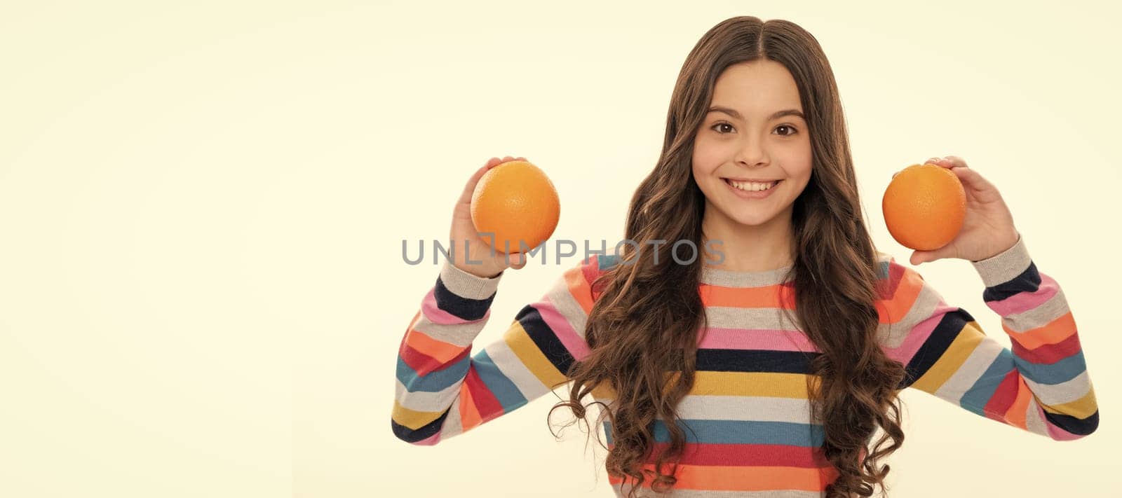 making choice. citrus fruits. natural organic fresh orange. healthy life. diet and kid skin beauty. Child girl portrait with orange, horizontal poster. Banner header with copy space. by RedFoxStudio