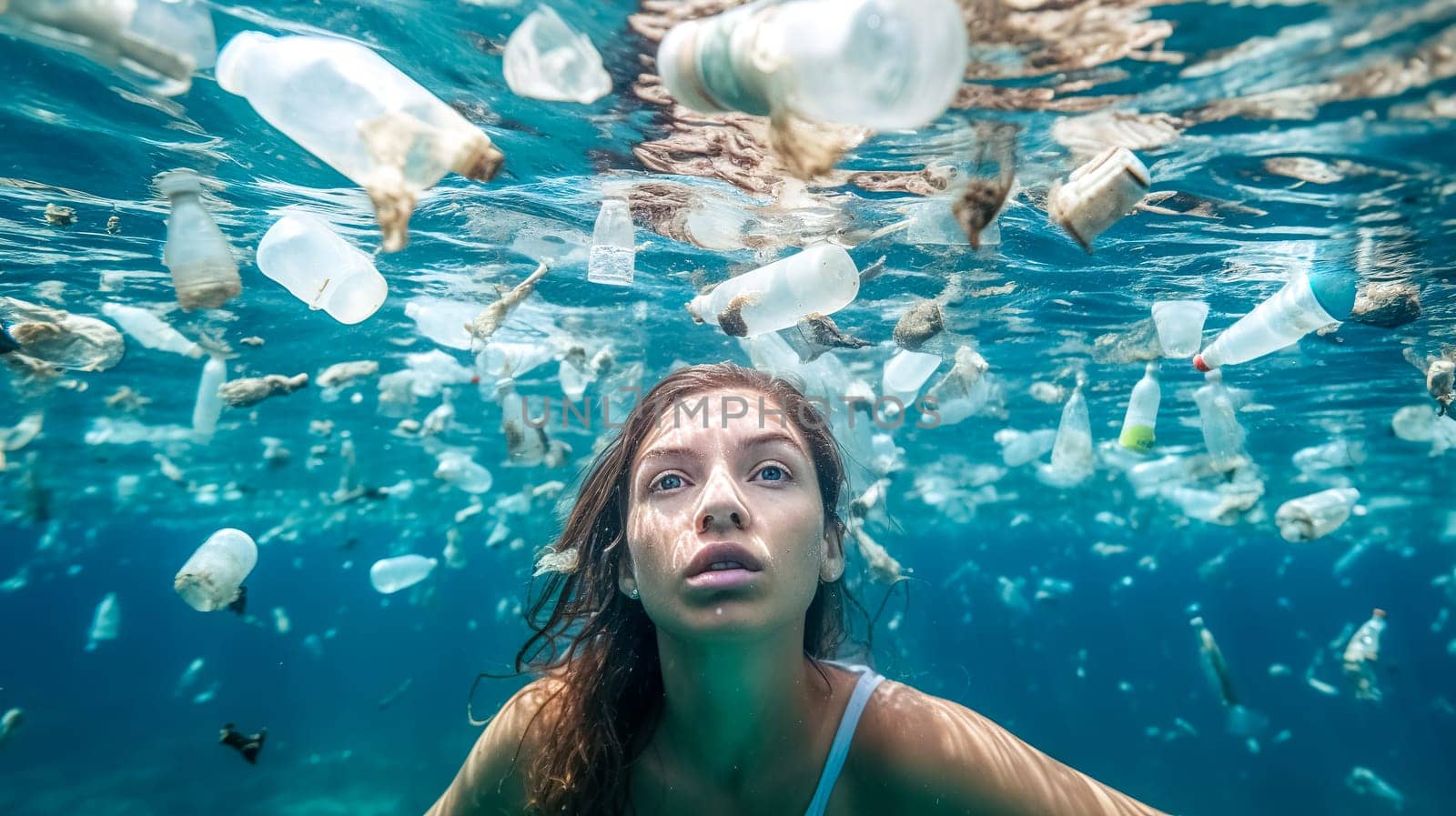 plastic waste in ocean waters, global pollution of the planet, made with Generative AI. High quality illustration