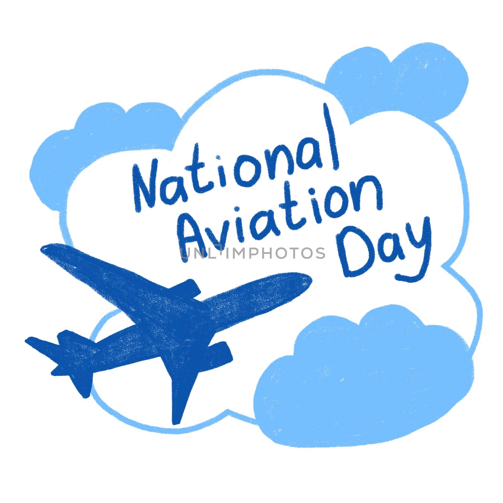 Hand drawn illustration of national aviation dau, usa august. Blue turquoise airplane jet aircraft with clouds sky, cartoon poster banner us american holiday symbol
