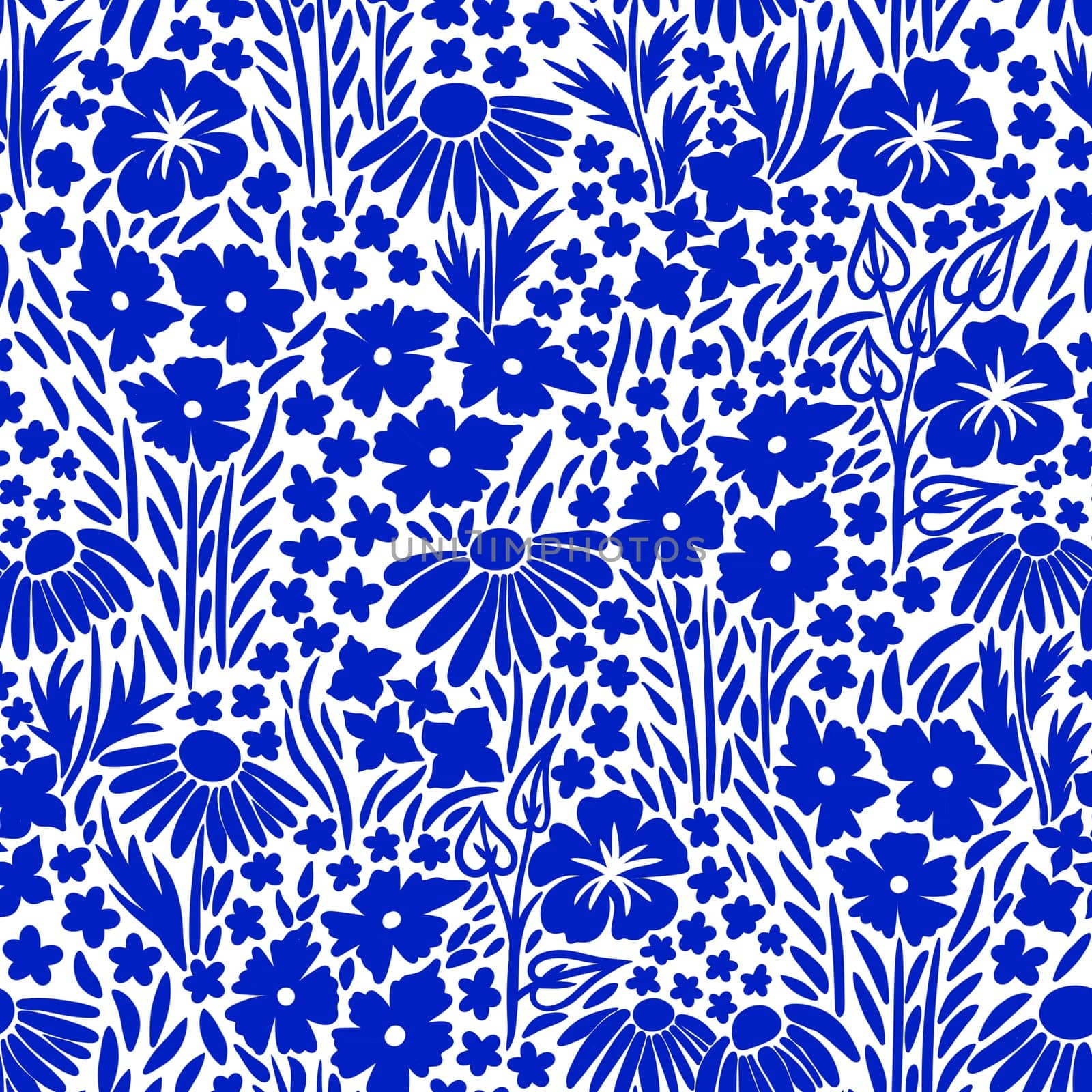 Hand drawn seamless floral flower pattern with cobalt blue wildflowers on white background. Chinoiserie style cottagecore summer garden meadow bloom blossom design, daisy ditsy art