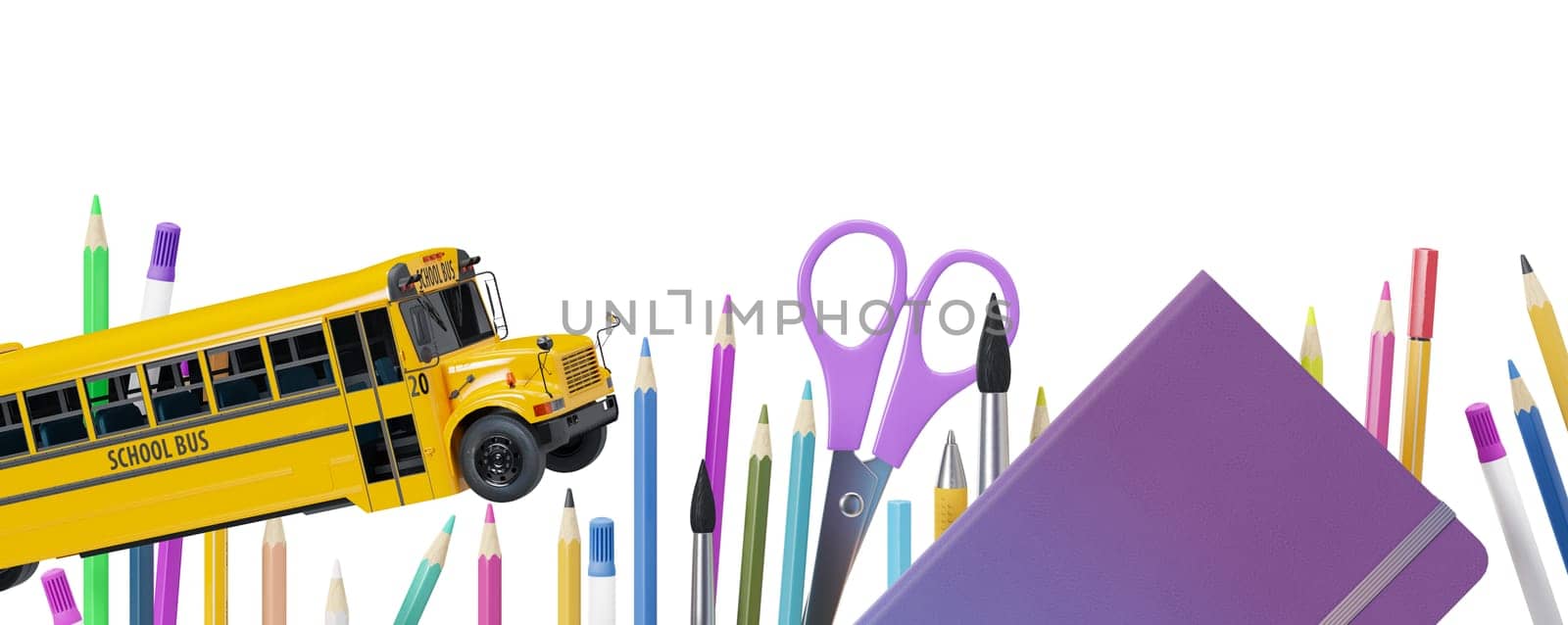 Colorful school stationery, supplies isolated on white background. Bottom border. Applicable for posters, announcements advertising. Education, daycare, preschool. Back to school shopping, sale. 3D