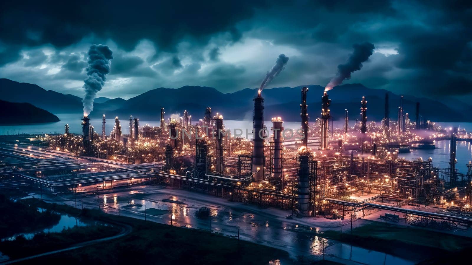 oil refineries and chemical industry at night, processing plants, made with Generative AI by Edophoto