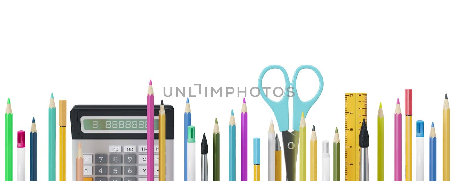 Colorful school stationery, supplies isolated on white background. Bottom border. Applicable for posters, announcements advertising. Education, daycare, preschool. Back to school shopping, sale. 3D