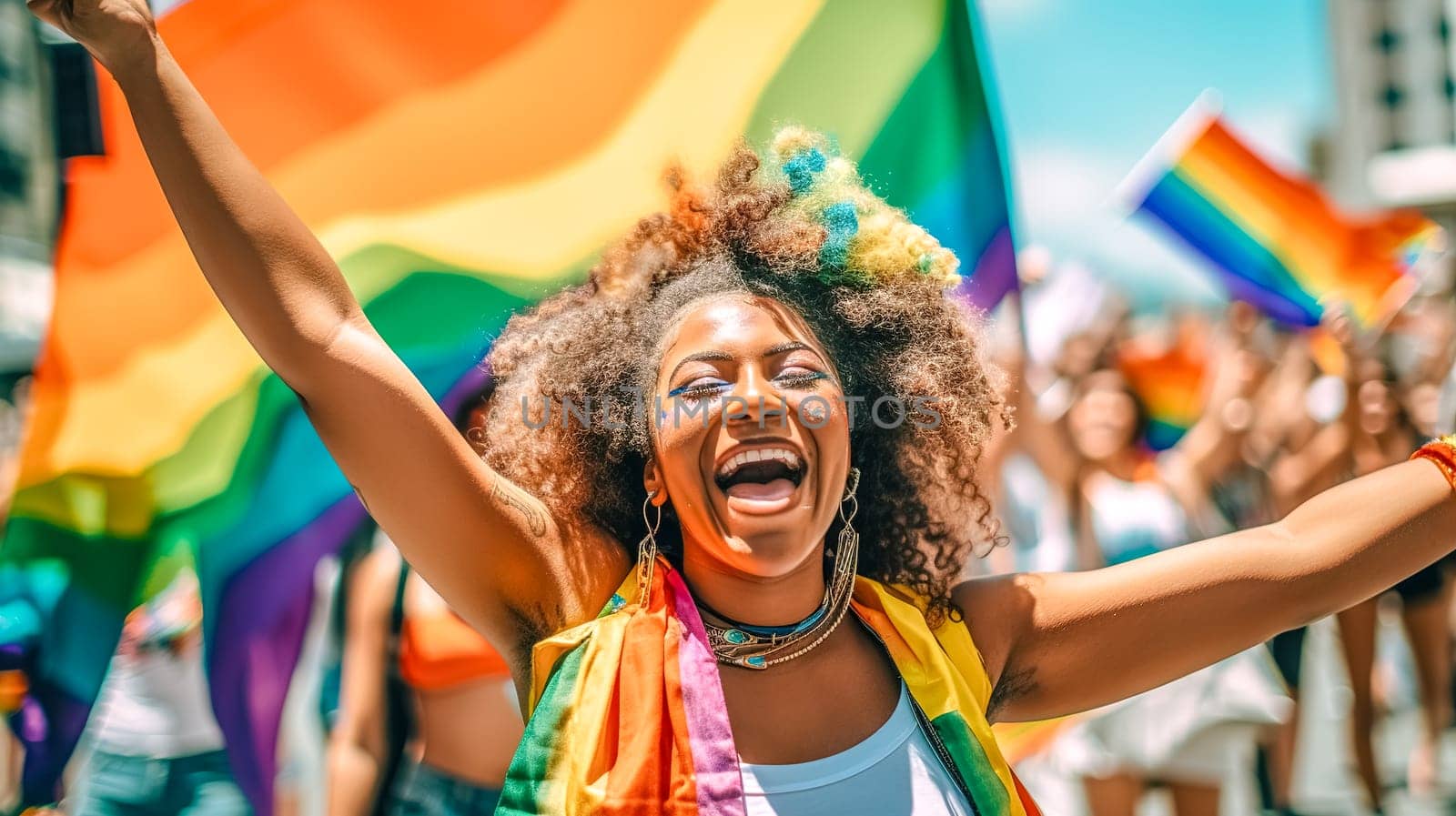 woman at lgbt pride parade, made with Generative AI. High quality illustration