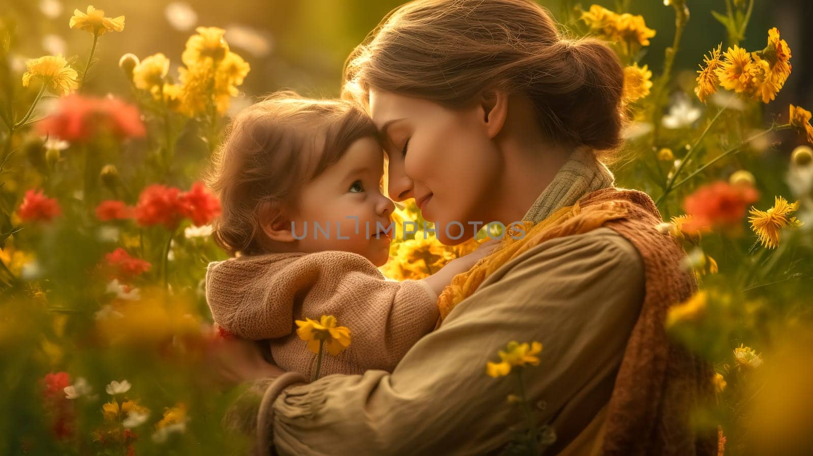 Mother's Day, portrait of a mother and child on a flowery meadow in nature, made with Generative AI. High quality illustration