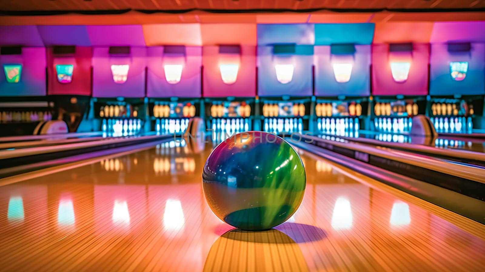 colorful bowling ball on a lane in a bowling center, made with Generative AI. High quality illustration