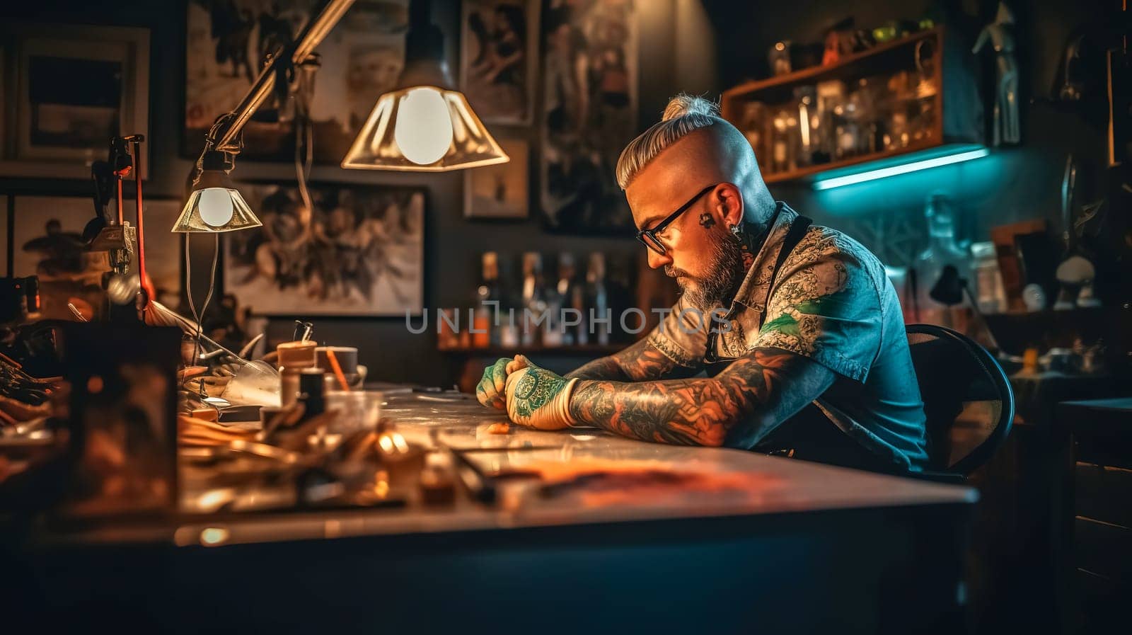 arm art artist, tattooed man in art workshop, made with Generative AI. High quality illustration