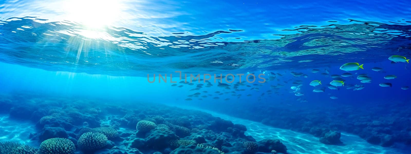 blue underwater world with fish and coral reef, banner made with Generative AI. High quality illustration