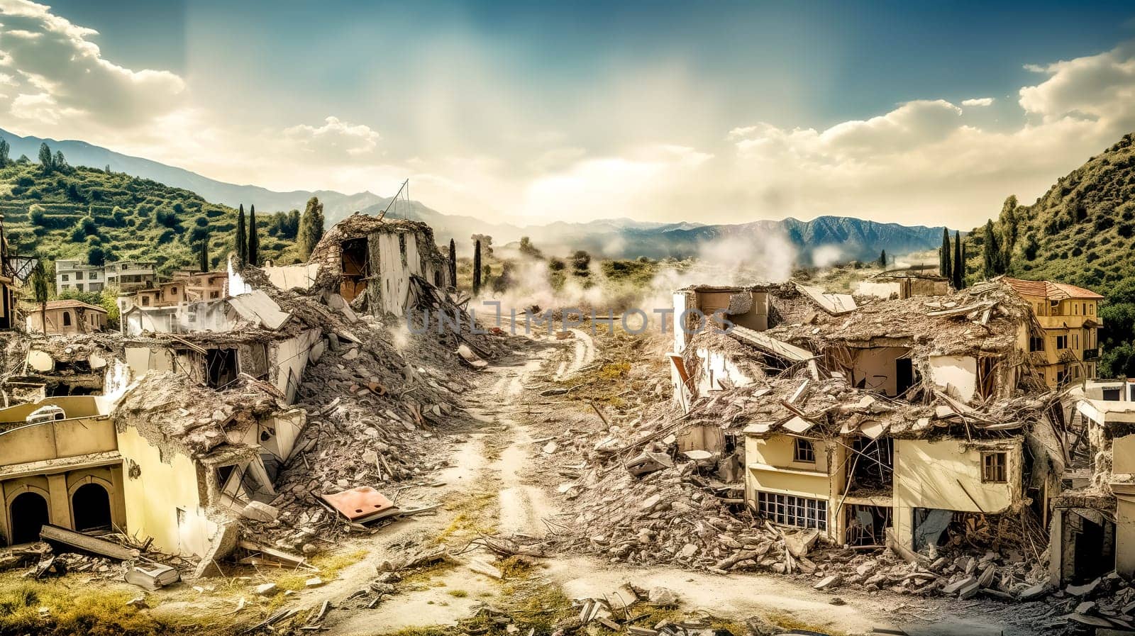 city destroyed by earthquake or bombing, made with Generative AI. High quality illustration