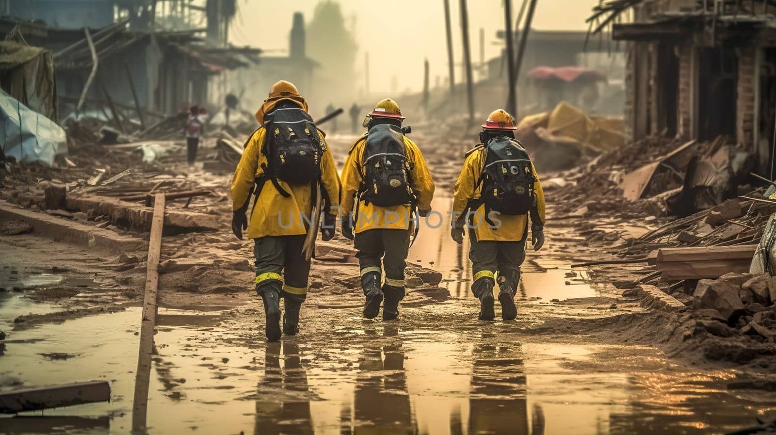 volunteer firefighters in a destroyed city, natural elements and war, made with Generative AI. High quality illustration