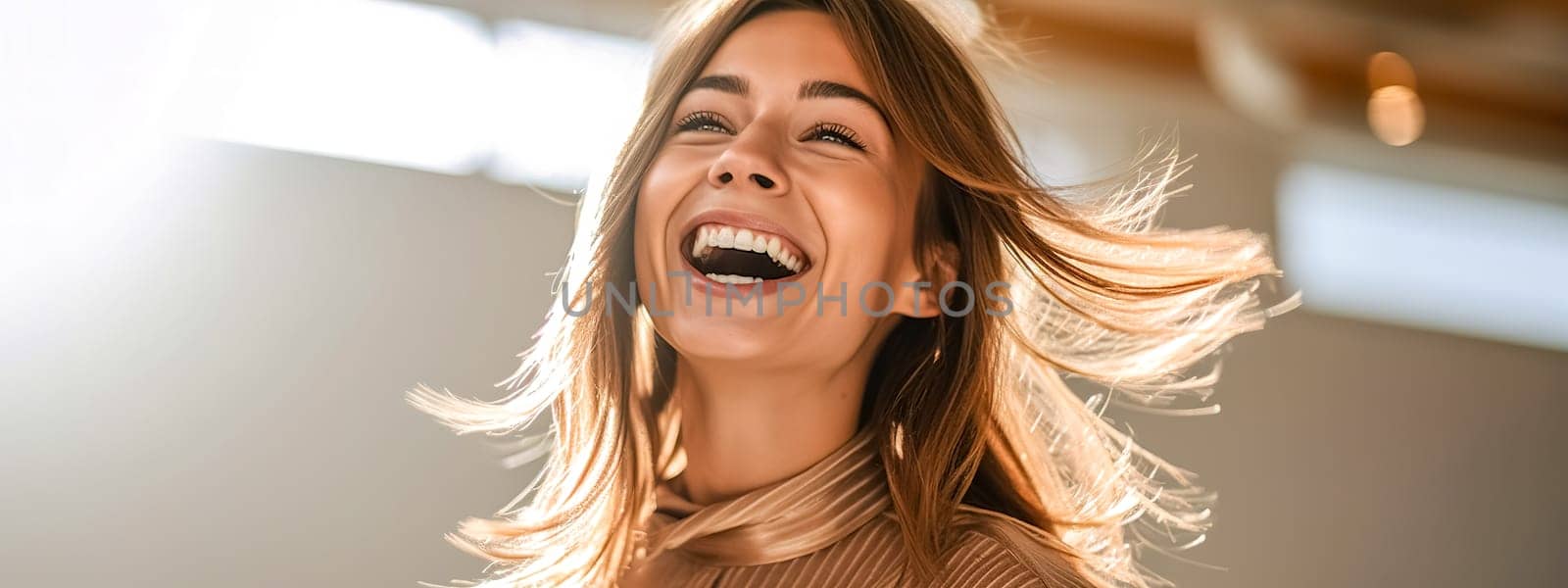 portrait of a laughing woman, banner made with Generative AI. High quality illustration