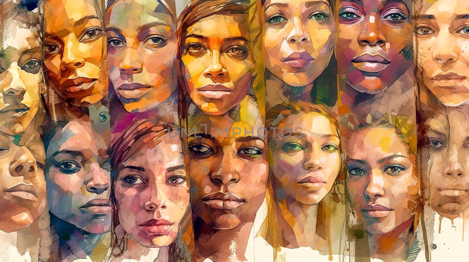 portrait collage of people of different cultures and with different emotions, made with Generative AI. High quality illustration