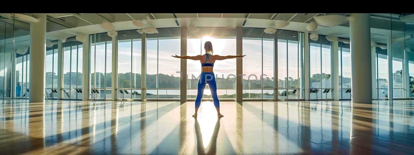 young fitness woman in a modern athletic arena bathed in sunlight through large windows, banner made with Generative AI by Edophoto