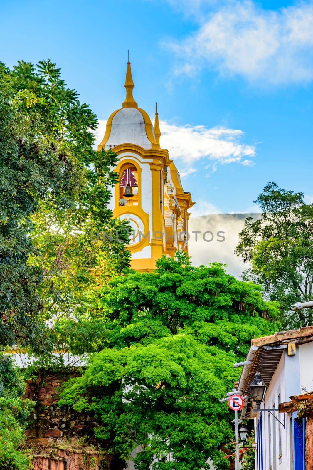 Baroque church tower rising through vegetation and buildings in the city of Tiradentes in the state of Minas Gerais