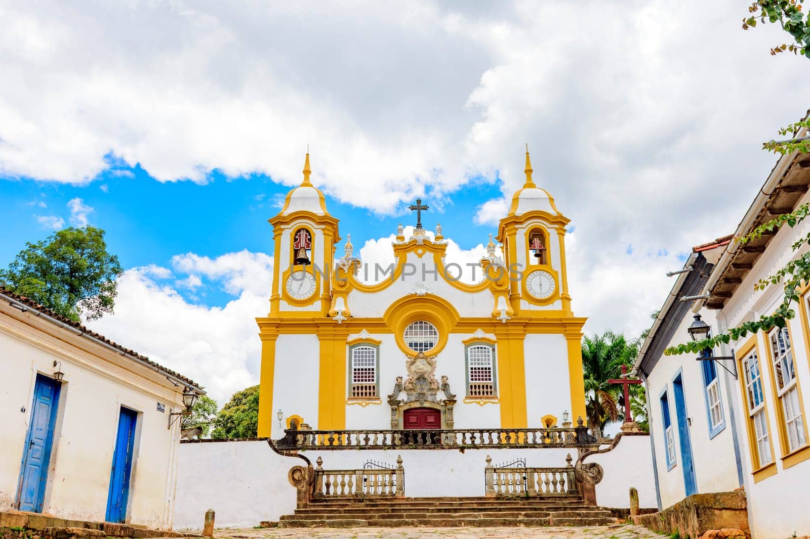 Houses and historic church in an old cobbled street in the famous city of Tiradentes in Minas Gerais