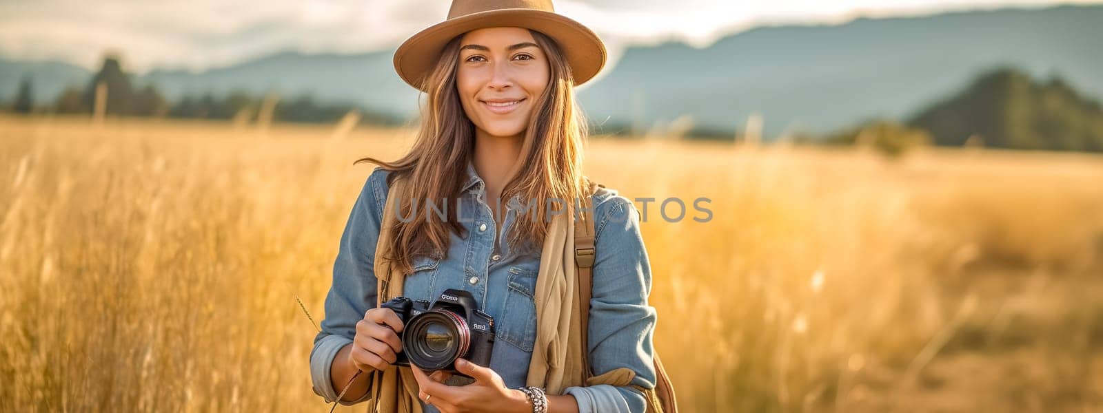 woman photographer with camera in nature, photography day, banner with copy space made with Generative AI. High quality illustration