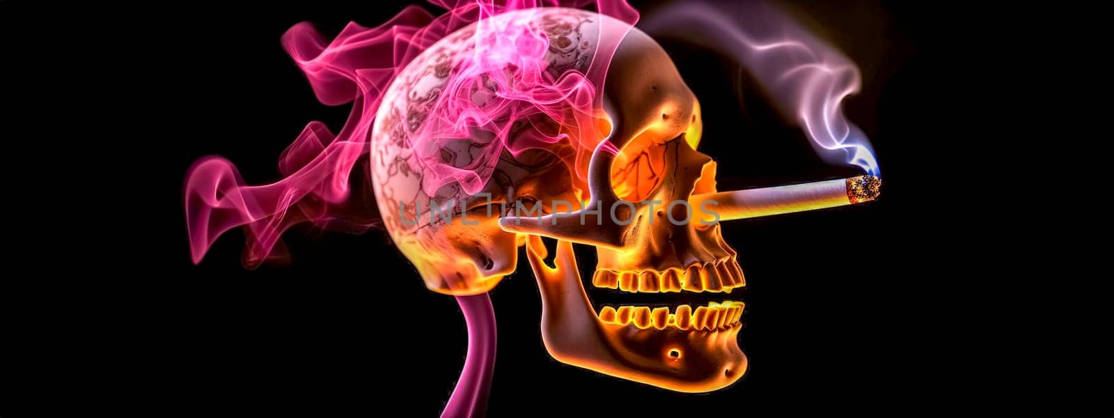 shining skull and cigarette with smoke, the concept of smoking is bad for health, banner made with Generative AI by Edophoto