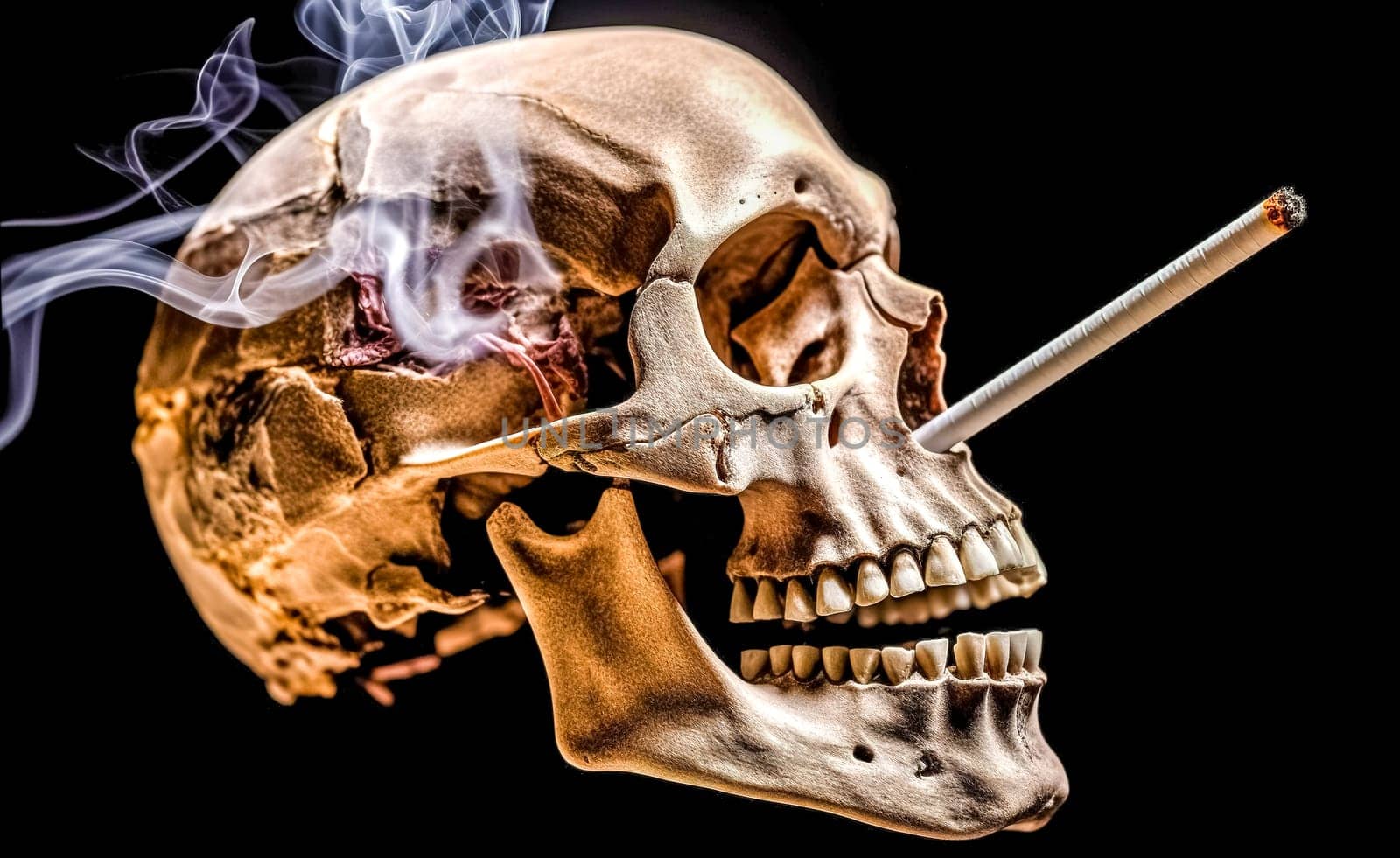 skull and cigarette with smoke, the concept of smoking is bad for health, banner made with Generative AI by Edophoto