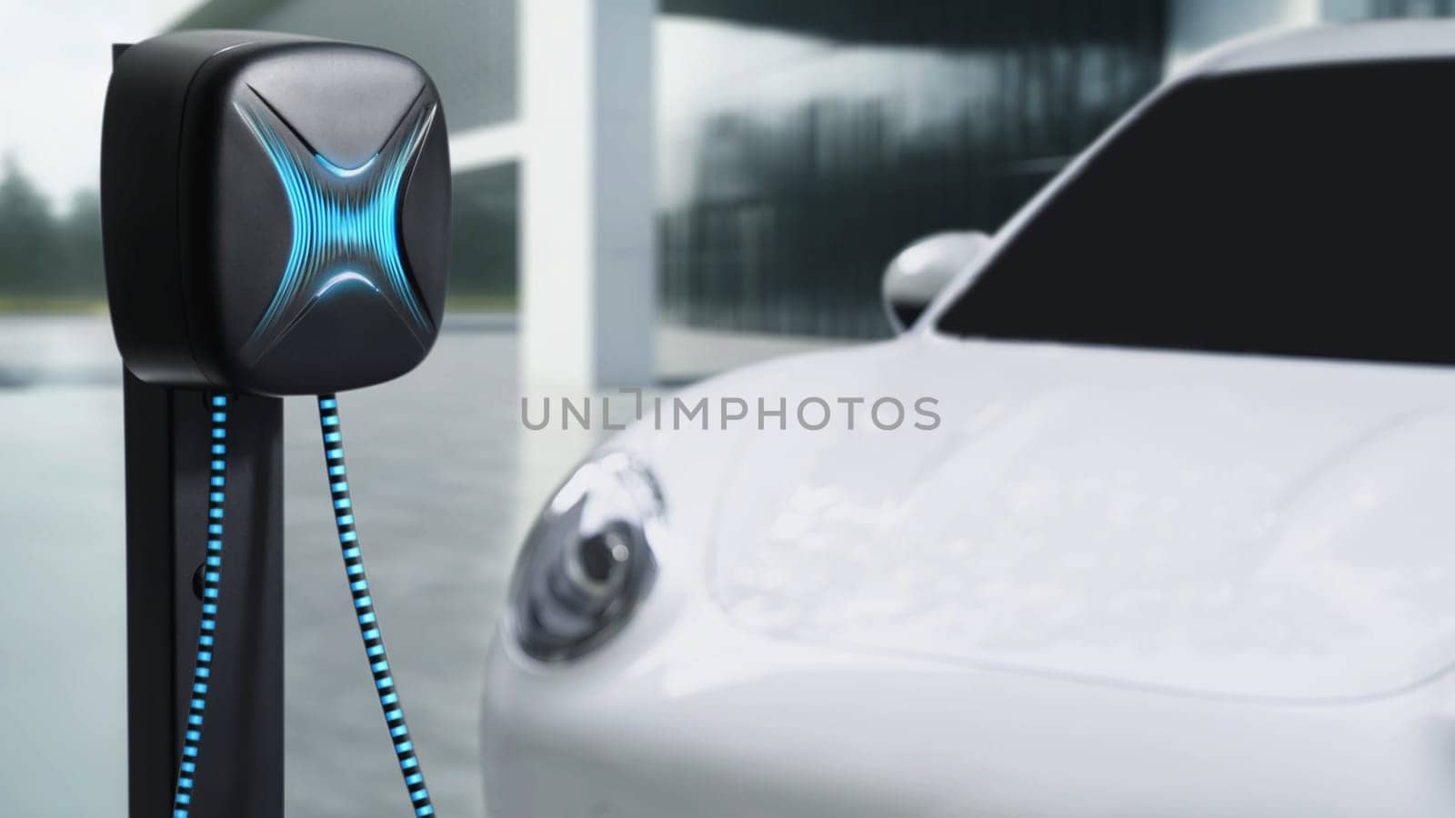 Innovative electric car connected to charging station with future architecture building background. Technological advancement rechargeable EV car using alternative clean and sustainable energy. Peruse