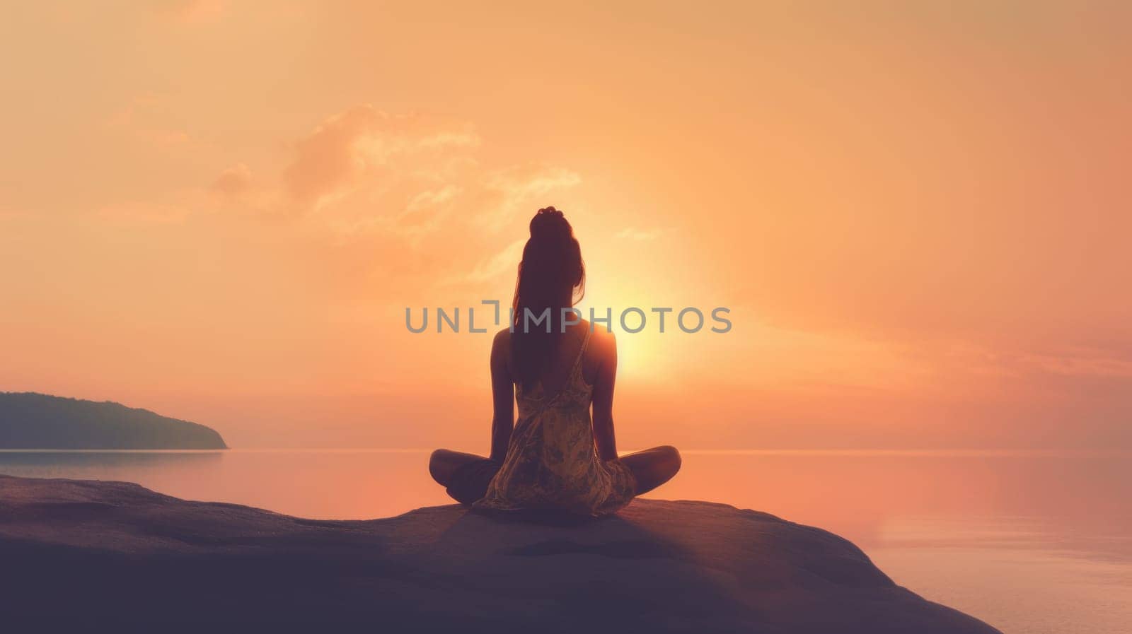 Woman Backlit in Yoga Pose in calm sunrise Zen. Generative AI image weber.