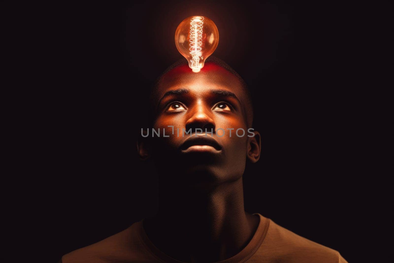 bright light bulb floating above of young african man's head. beautiful Generative AI AIG32