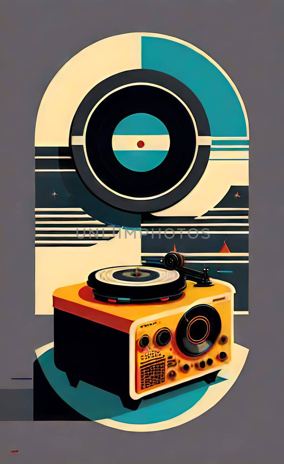 A stylized poster from an old music player on vinyl discs. AI generated by N_Design