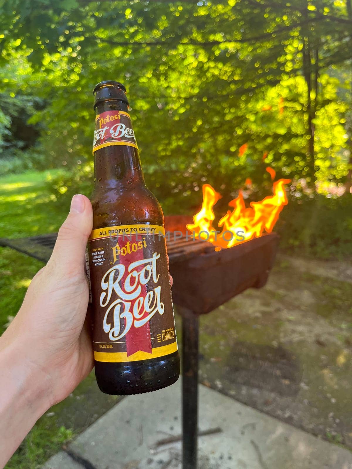 MADISON WISCONSIN, JULY 20 2023: Bottle of locally brewed Potosi Root beer in front of a fire at Devils Lake National Park in Wisconsin summer by WeWander