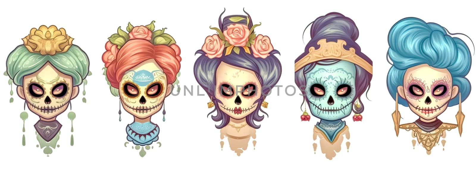 Set of sugar skull makeup women with flowers on white background, banner made with Generative AI. High quality illustration