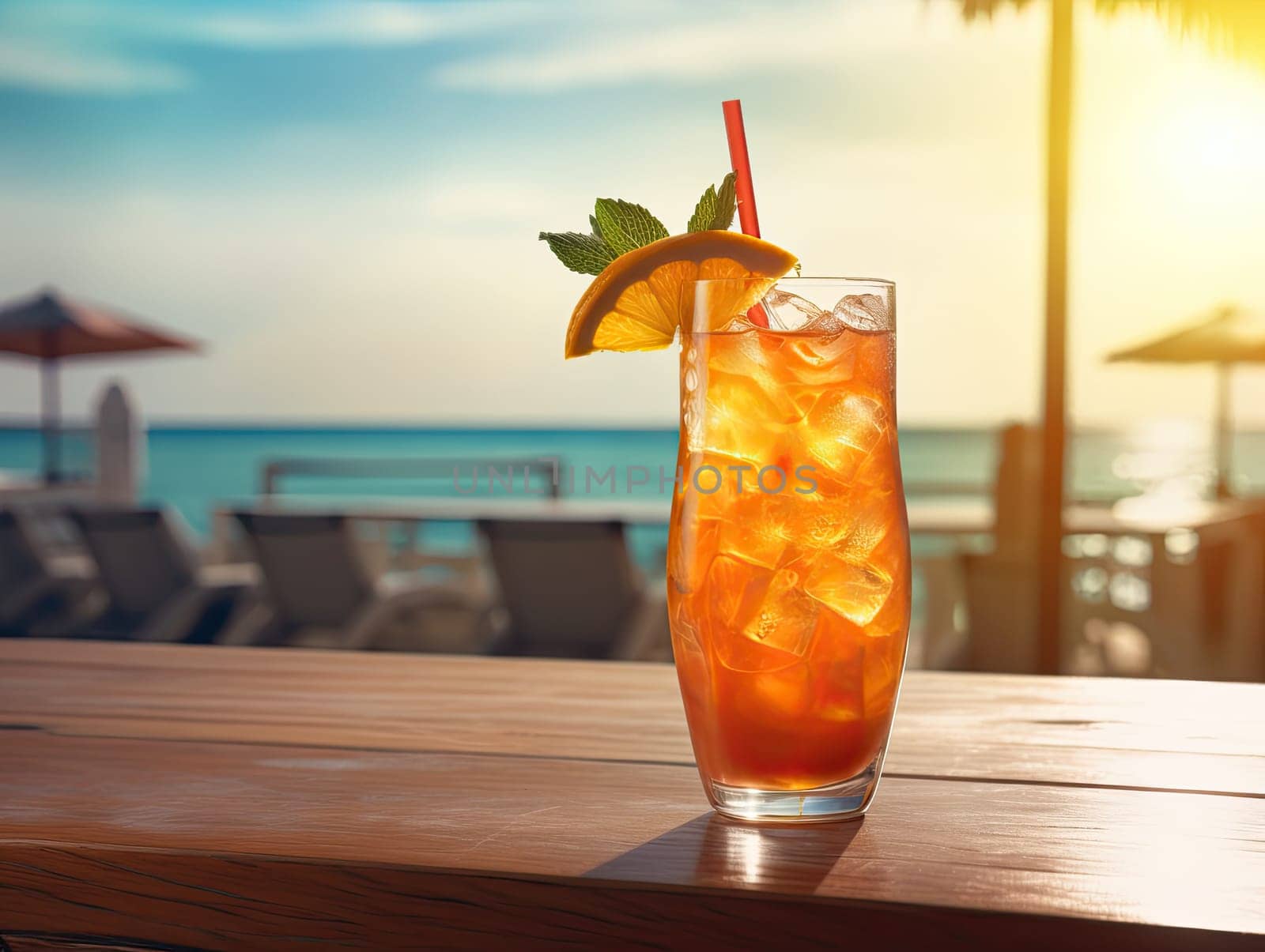 Italian spritz cocktail drink standing on a sunlit bar deck with sea view. Generative AI by Ostanina