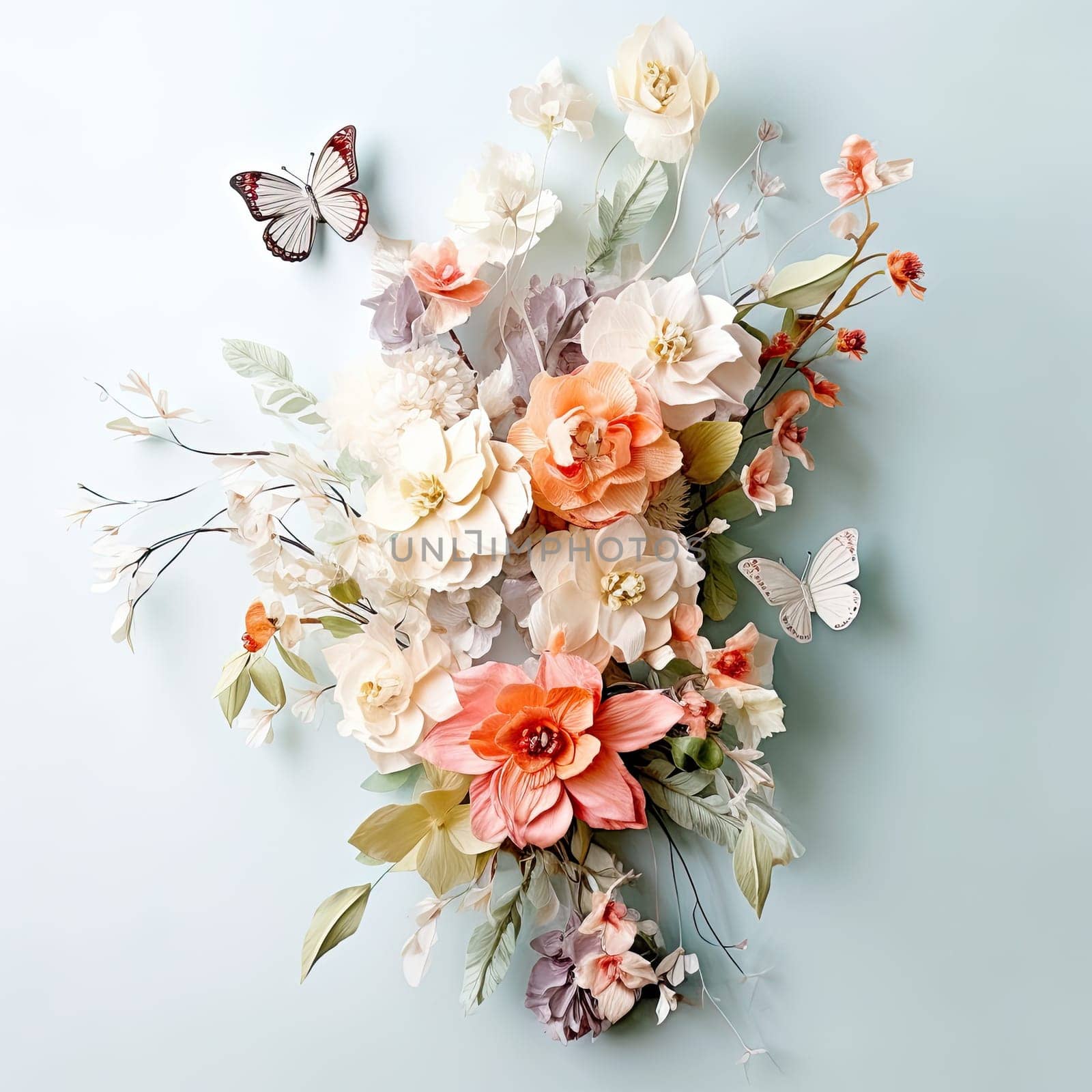 Closeup photo of whimsical loose modern bridal bouquet with real flowers and silk butterflies with a rustic silk ribbon. Generative AI.