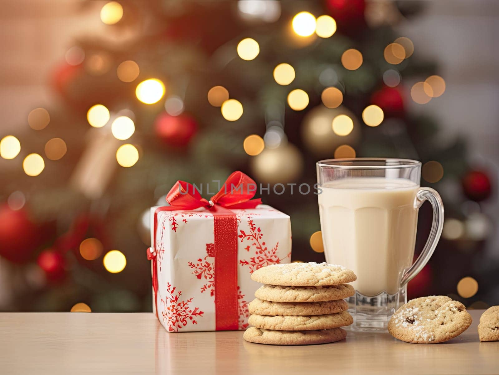 Closeup professional color grading photography of Christmas cookies, glass of milk, and gift boxes with blurred Christmas tree in the background. Generative AI by Ostanina
